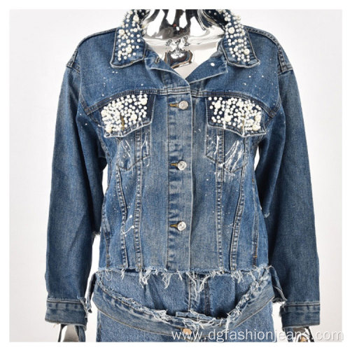 Women Pearl Beaded Denim Jacket Long Sleeve